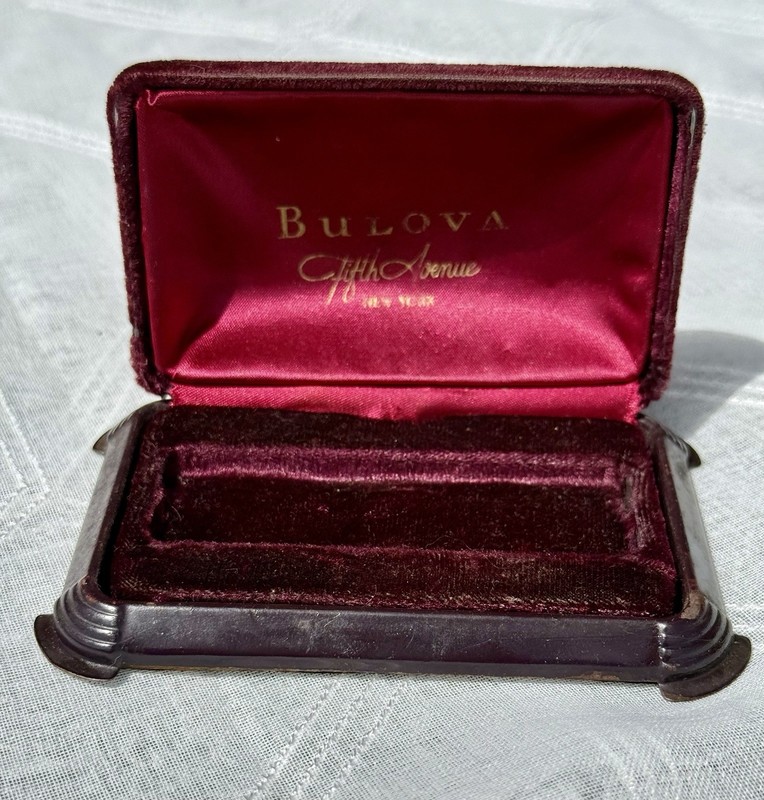 Vintage 1940’s BULOVA 5th Avenue Burgundy Velvet Clamshell Watch Box Some Wear