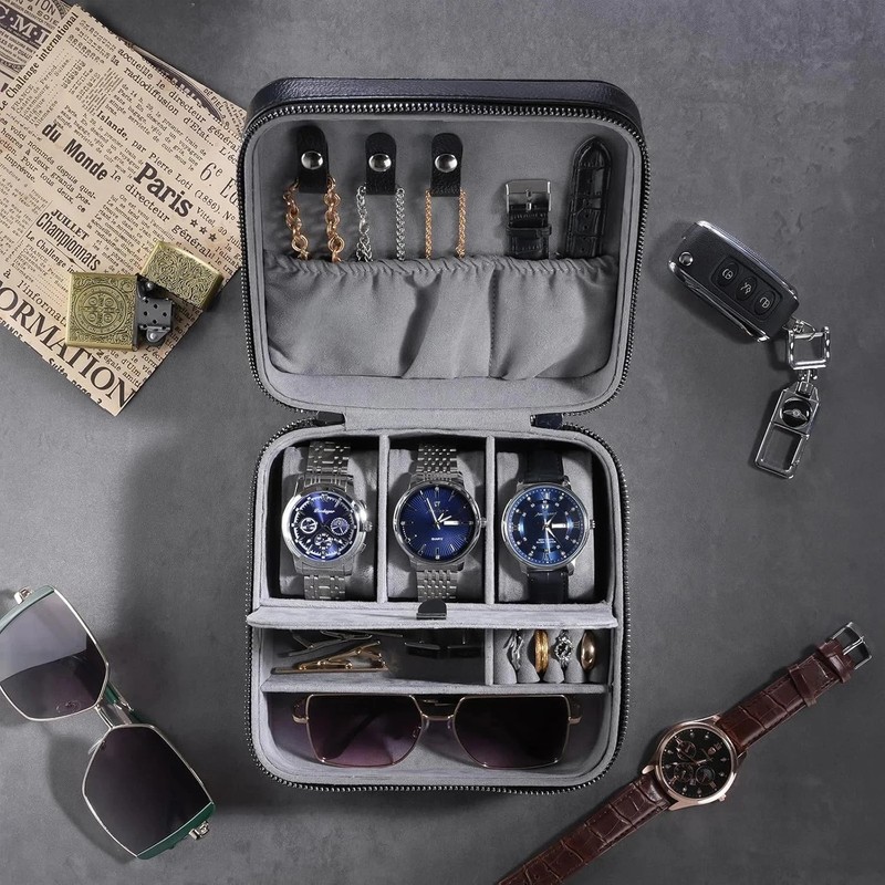 Travel Watch Case, 3 Slots PU Leather Mens Jewelry Box, Portable Watches Cufflin gallery