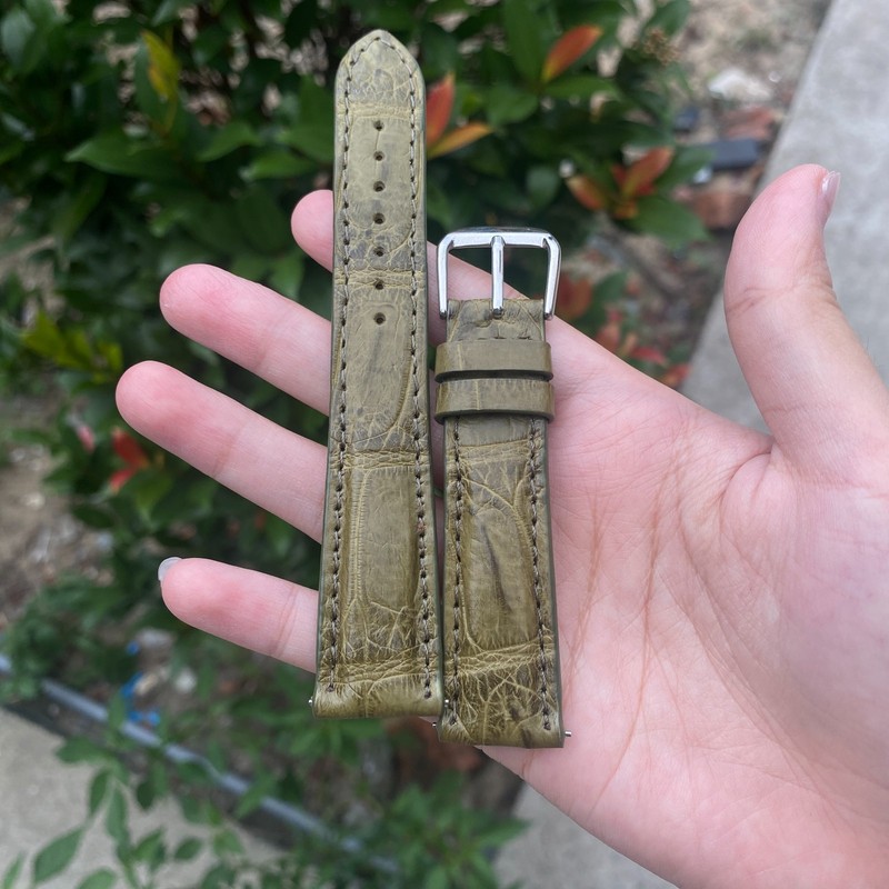 Olive Green Leather Watch Strap Silver Buckle Custom Watch Band Handmade