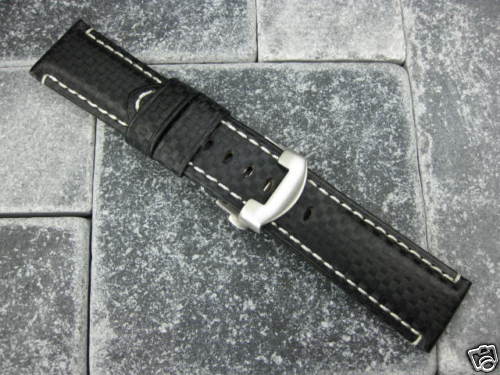 24mm Black Carbon Fiber Leather Strap Deployment Watch Band PAM 1950 W