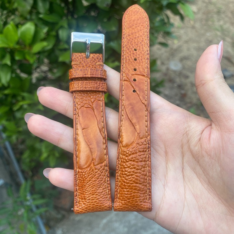Tan Ostrich Leather Watch Band Customized Leg Skin Watch Strap Silver Buckle