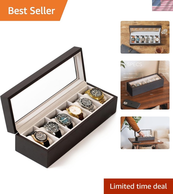 Solid Espresso Wood 6-Slot Watch Box Organizer with Glass Top & Luxurious Finish