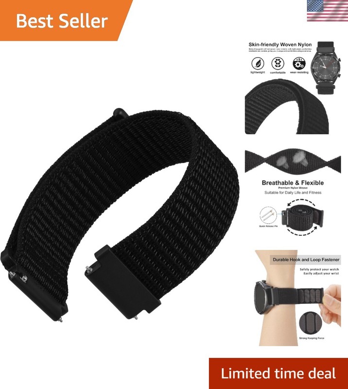 Comfortable 20mm Black Nylon Watch Band with Adjustable Hook and Loop Closure
