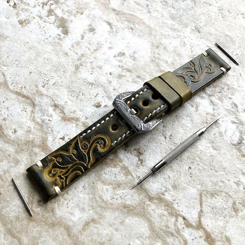 Green Yellow Tooled Leather Band for Samsung Galaxy Watch 3 45 46mm Gear S3 -B22