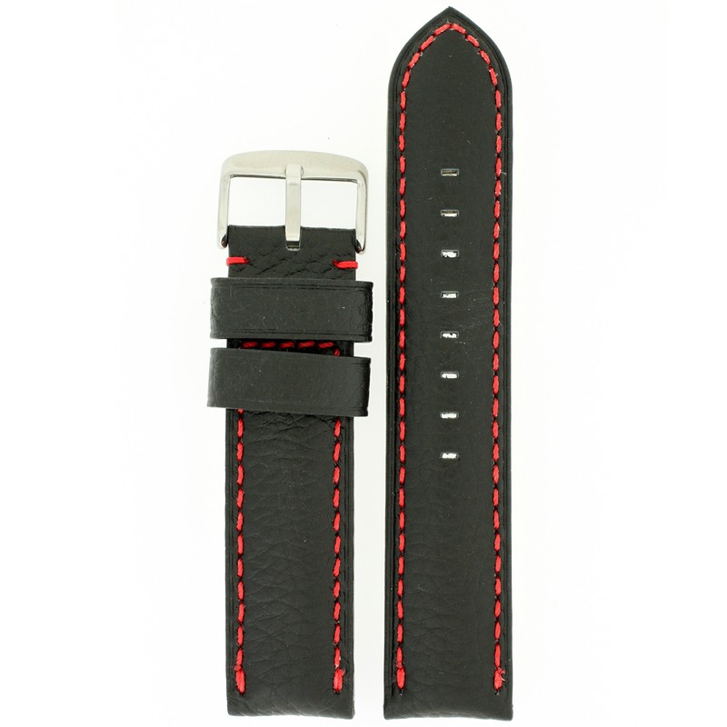 Watch Band Calf Leather Black Red Stitching Heavy Padded Long 20mm – 24mm