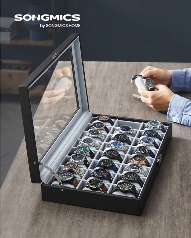 Black Watch Storage Case 24 Slots Glass Top Lock Organizer Display Box