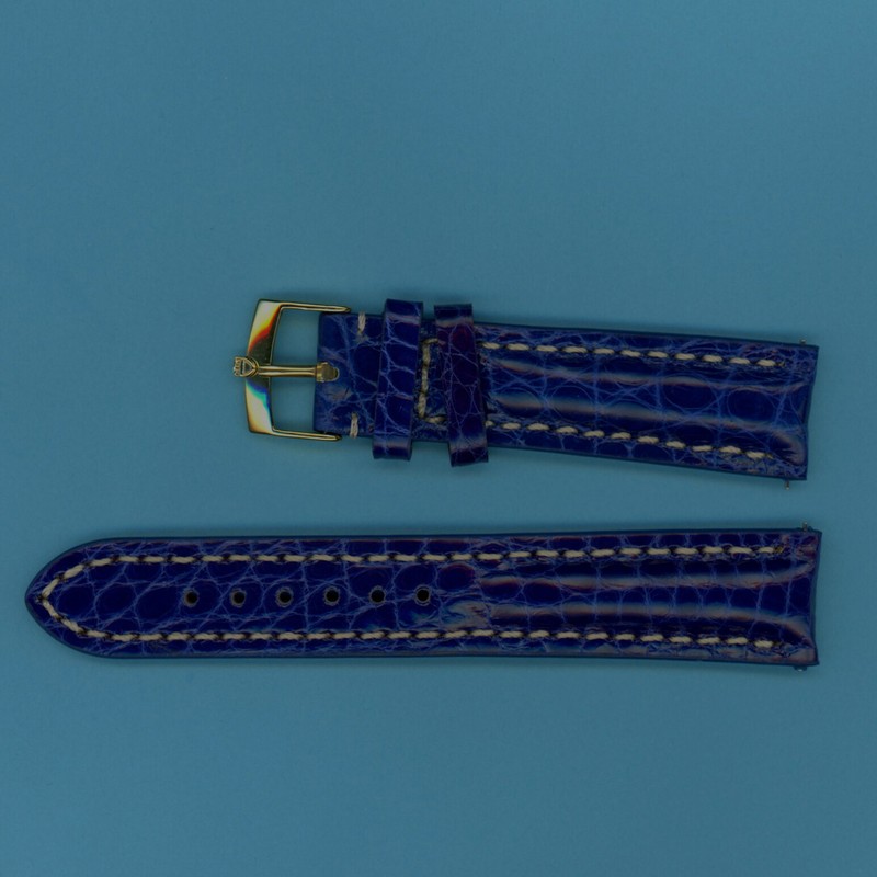 22mm ROYAL OR NAVY BLUE ALLIGATOR MB STRAP WHITE STITCH & GOLD TAG HEUER BUCKLE