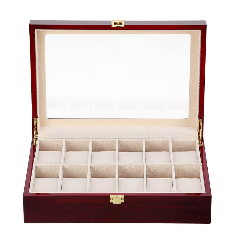 3/6/10/12 Slot Wooden Watch Box Glass Lid Jewelry Organizer Display Case Gift gallery