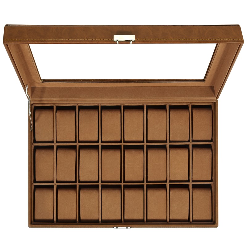 24 Slots Watch Box Lockable Jewelry Organizer Watch Display Case with Glass Lid