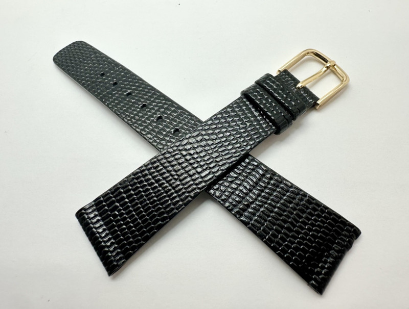 SEIKO Black Lizard Grain Glossy 18 mm x 15 mm Watch Strap Signed Gold Buckle