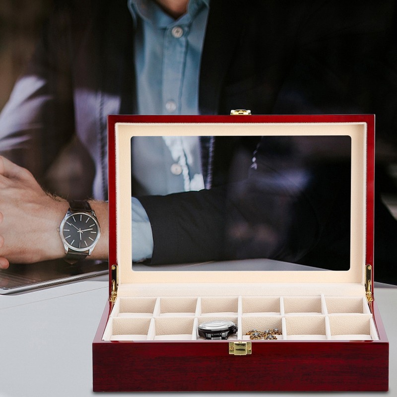 12 Slot Wooden Watch Box with Glass Top Jewelry Storage Display Case Gift gallery