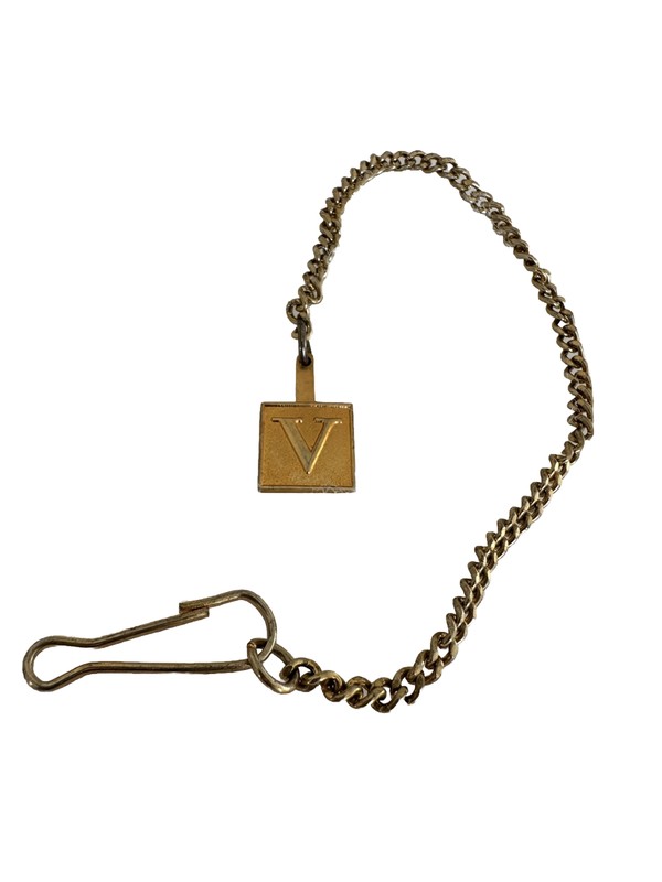 vintage Gold Tone Pocket Watch Curb Link Chain with Initial V Charm Fob