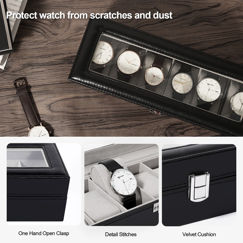 6/12 Slot PU Leather Case Organizer Watch Box Storage Display Top Glass NEW gallery